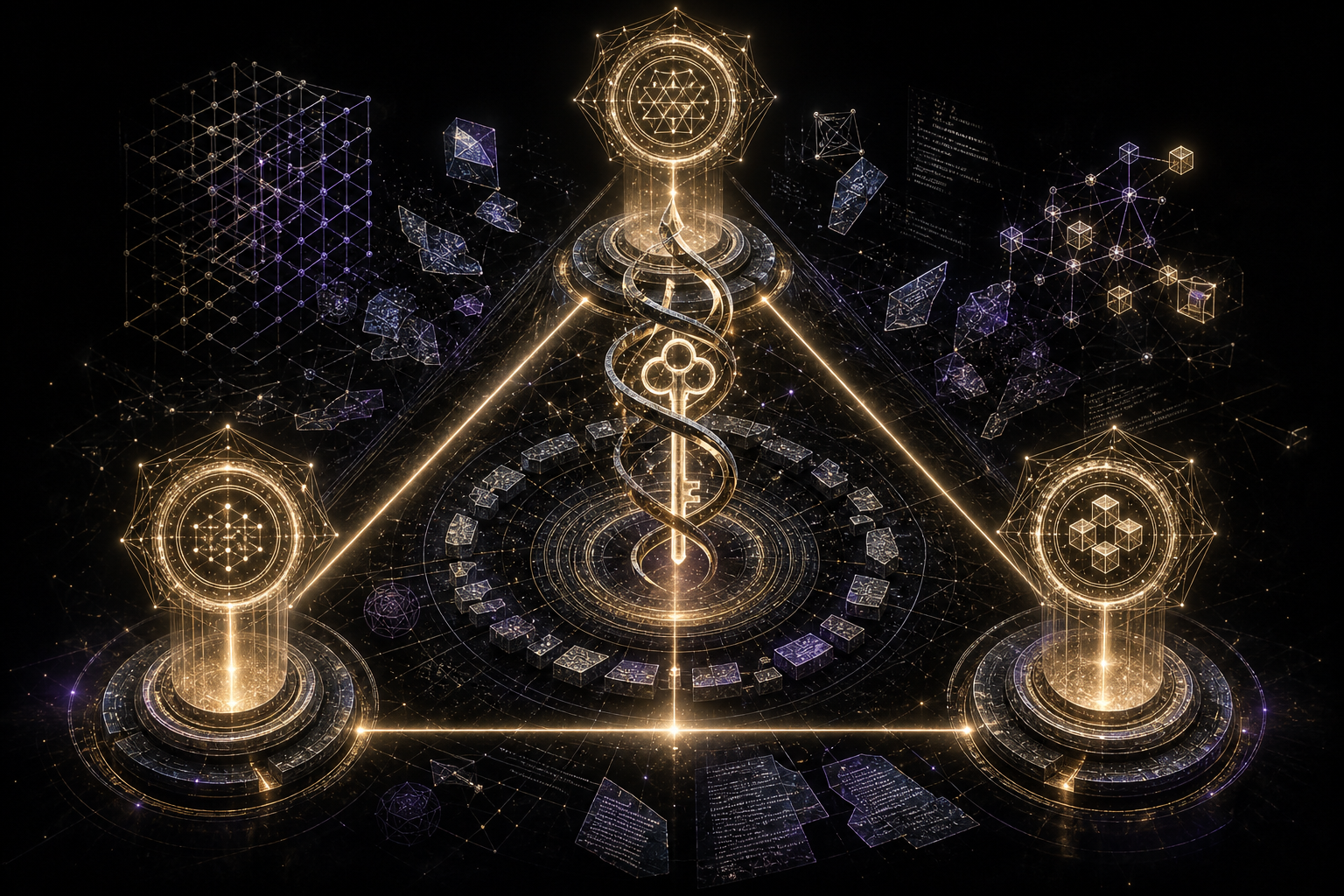 Abstract post-quantum identity hero image showing three luminous proof pillars around a sovereign key helix.